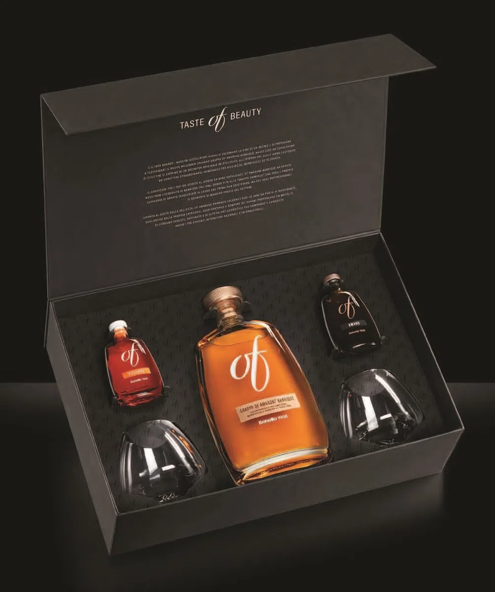 BONOLLO OF COFANETTO ANNIVERSARIO 25 anni dell’inimitabile Grappa OF Amarone Barrique.