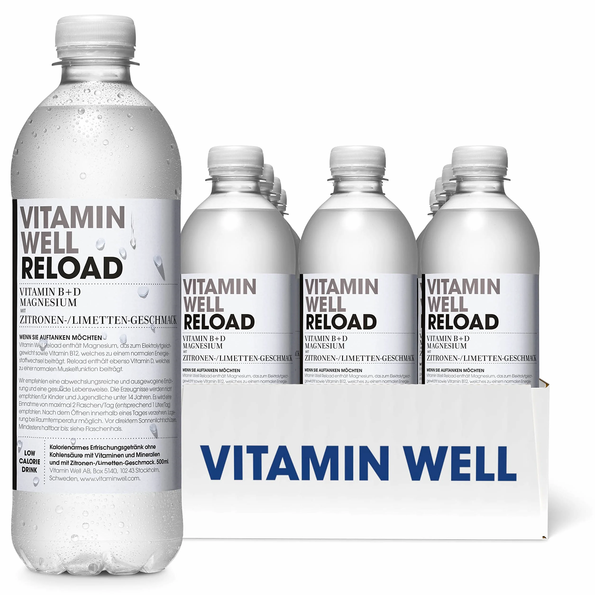 Vitamin Well Acqua alla vitamina aromatizzata - Vitamina B, vitamina D, bevanda funzionale e ipocalorica, arricchita con ingredienti funzionali, 12 x 500 ml con deposito (Reload)