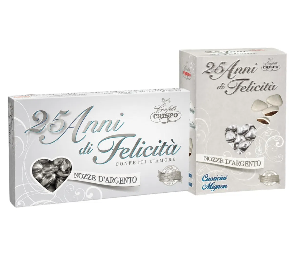 Mix Confetti + Cuoricini 25 Anni di Matrimonio Nozze d’Argento – Confetti alla Mandorla Argento e Cuoricini Mignon al Cioccolato Fondente – per crispo 1kg