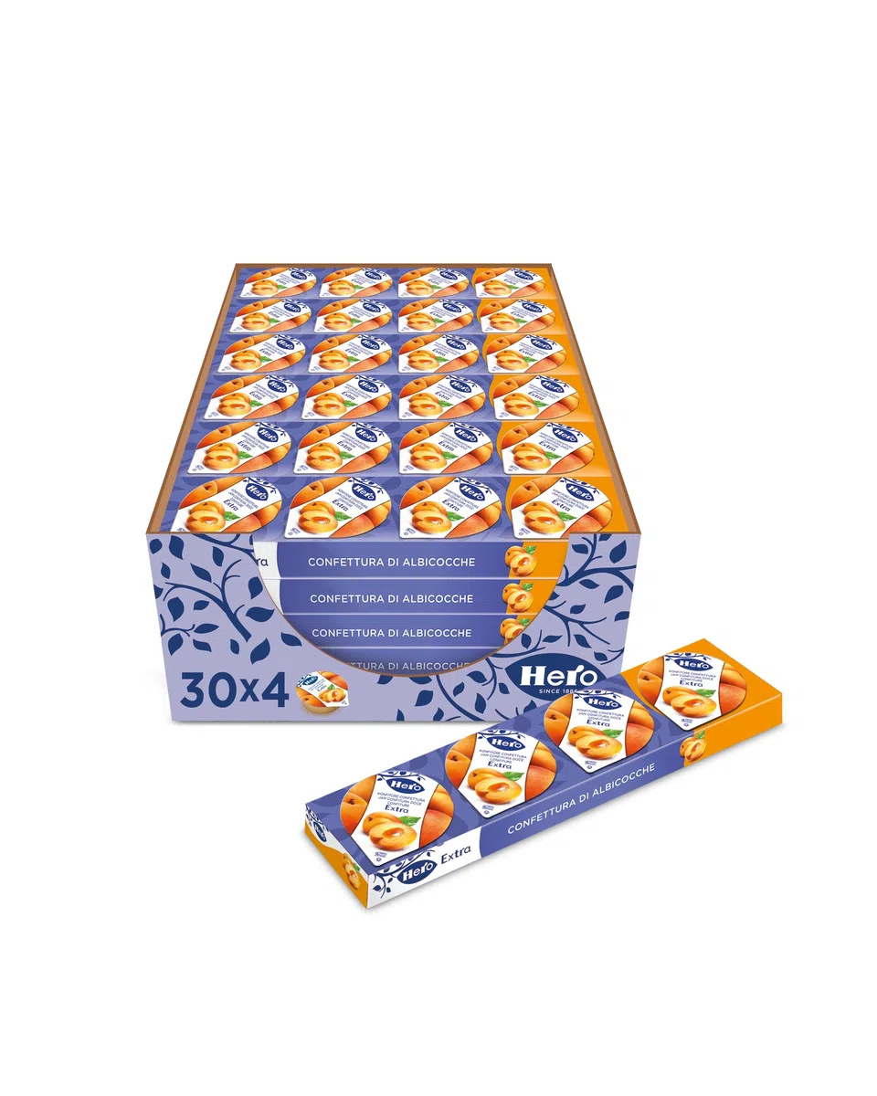 Hero Poker Confettura di Albicocche, Marmellata e Confettura Extra, Frutta di Alta Qualità, senza Conservanti e senza Coloranti, 30 Confezioni da 100 Grammi (4 Monodosi X 25 Grammi)