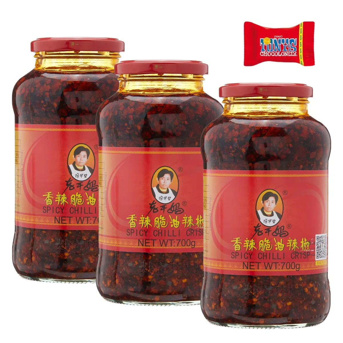 Lao Gan Ma - Pasta di peperoncino arrostita, 3 x 700 g, crispy peperoncino, peperoncino croccante in olio, fiocchi di peperoncino arrostito con pepe Zsechuan, con barretta di cioccolato Tony's