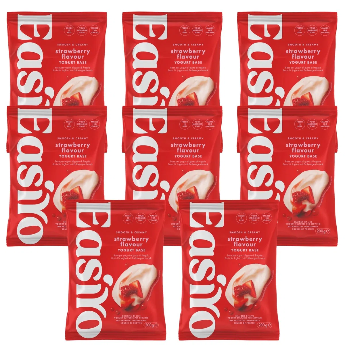 EasiYo Yogurt al Gusto Fragola Confezione da 8 | Ogni Busta Preparara 1kg | Classico e Cremoso | Yogurt Fatto in Casa | Senza Glutine e Vegetariano