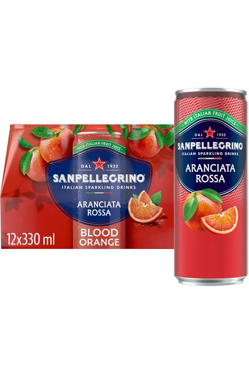San Pellegrino Bevande frizzanti italiane Bevande analcoliche in scatola con gusto e frizzante leggera all'arancia rossa 12 x 330 ml | 69 kCal per