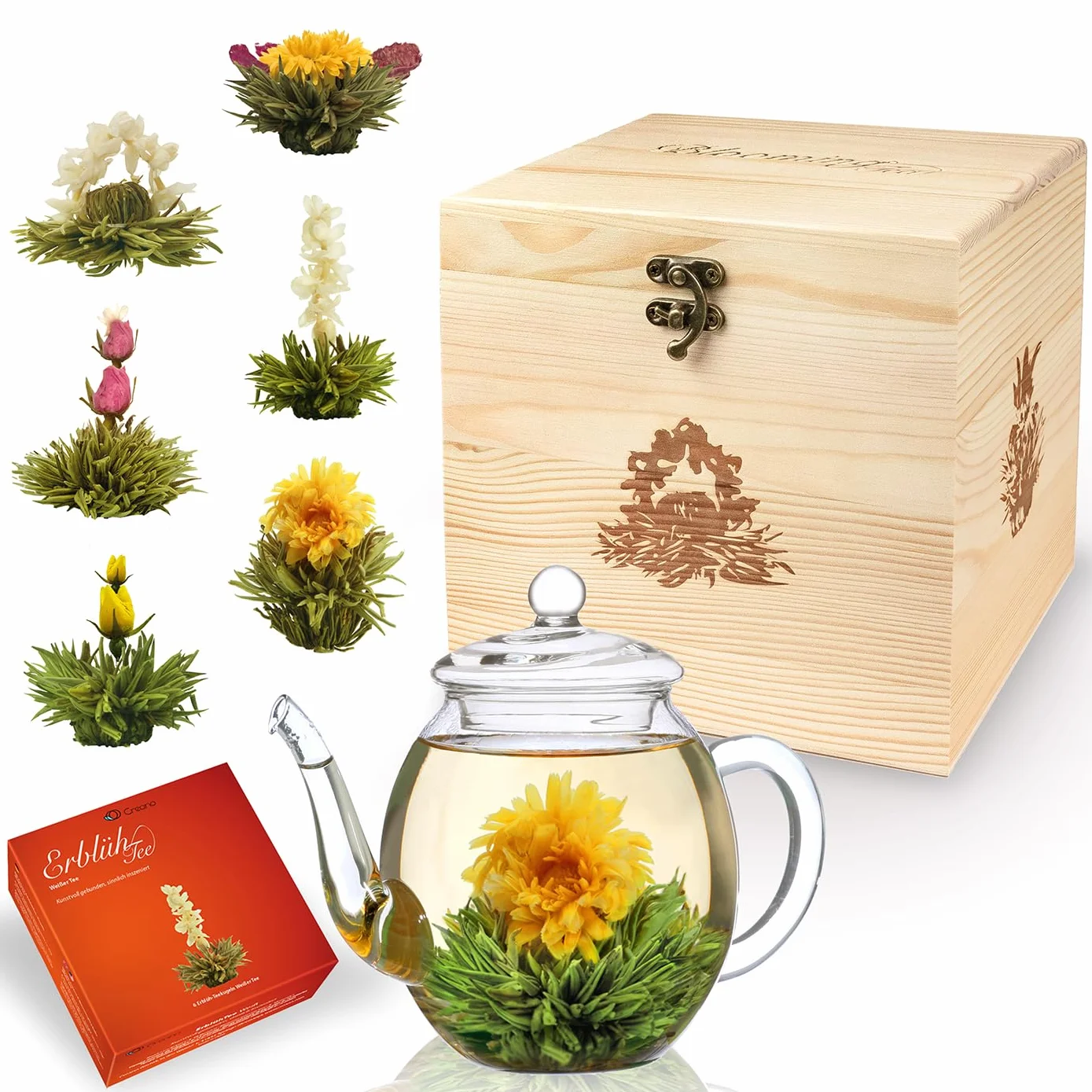 Creano Set Regalo di 6 Tipi di tè Fiorito Bianco in Elegante Scatola di Legno con Teiera in Vetro 500ml – Ideale per Regalo e Cerimonia del tè