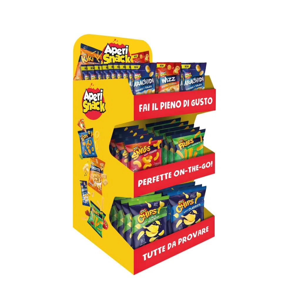 Aperisnack® - Espositore 72 snack - AP07.001.21 Espositore da Banco monodosi salate: Arachidi, Arachidi Ricoperte Wizz, Tarallini Classici, Coni di Mais, Fiammiferi di Patata - Vendita Bar e tabacchi