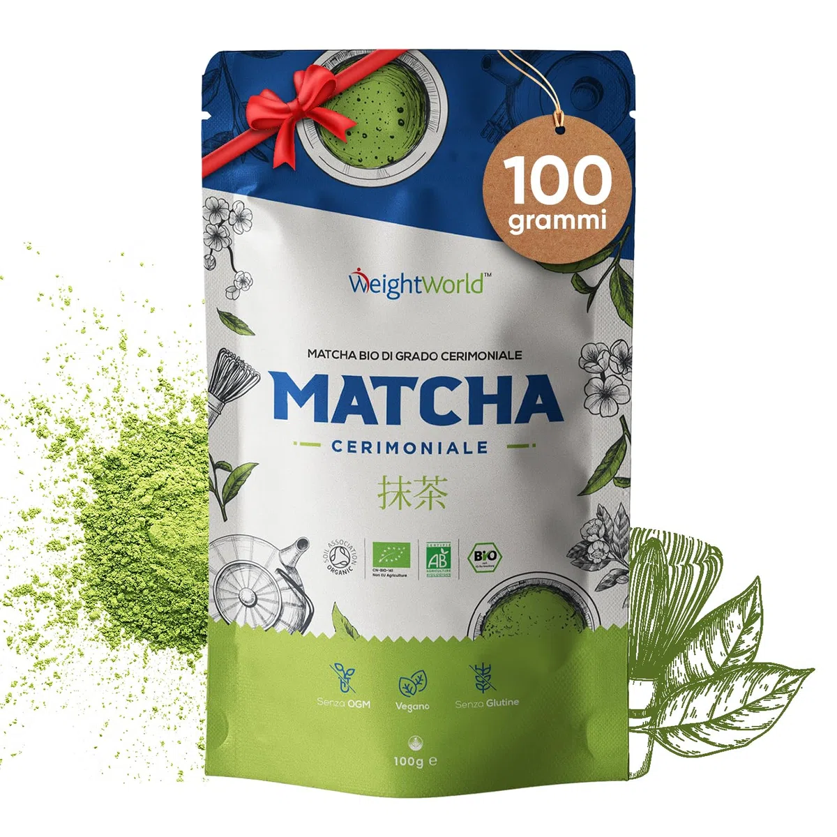 Tè Verde Matcha Biologico in Polvere 100g, 100% Naturale, Origine Giappone, Grado Premium, Ideale da Bere, per i Dolci, Frullati, Tè freddo, nel Latte, Tè Matcha in Polvere Puro e Biologico, Senza OGM