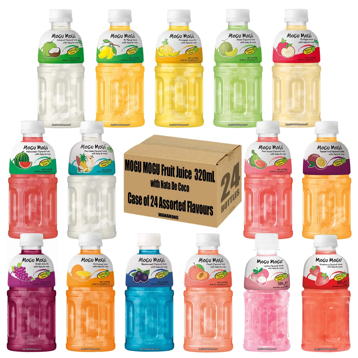 WaNaHong Mogu Mogu, Confezione da 24 bottiglie di succhi di frutta con nata de coco da 320 ml, gusti assortiti