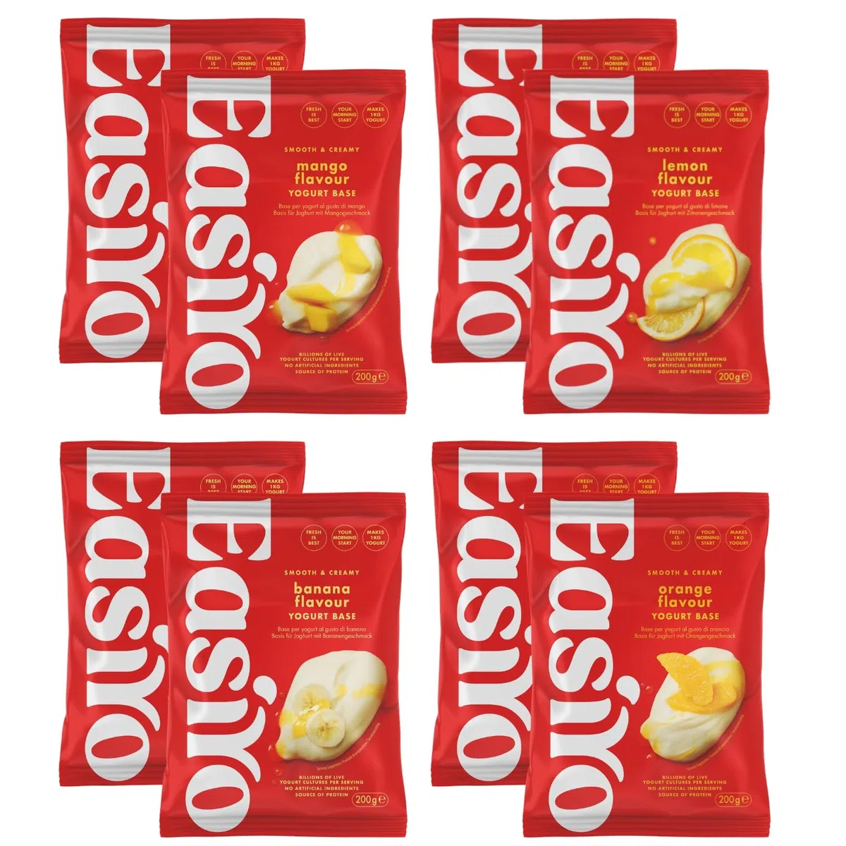EasiYo Yogurt Confezione Mista da 8 Buste | 2x Mango, 2x Arancia, 2x Limone, 2x Banana | Ogni Busta Prepara 1kg | Yogurt Fatto in Casa | Senza Glutine e Vegetariano