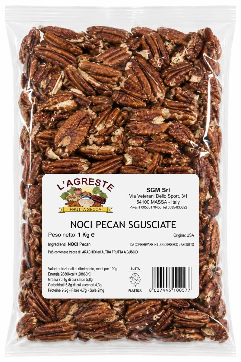 L'AGRESTE - NOCI PECAN SGUSCIATE (A META') - ALTA QUALITA' - Confezione da 1 Kg PRIMA SCELTA – FRUTTA SECCA PREMIUM RICCA DI FIBRE E GUSTO – IDEALI PER DOLCI, SNACK, COLAZIONE E RICETTE GOURMET