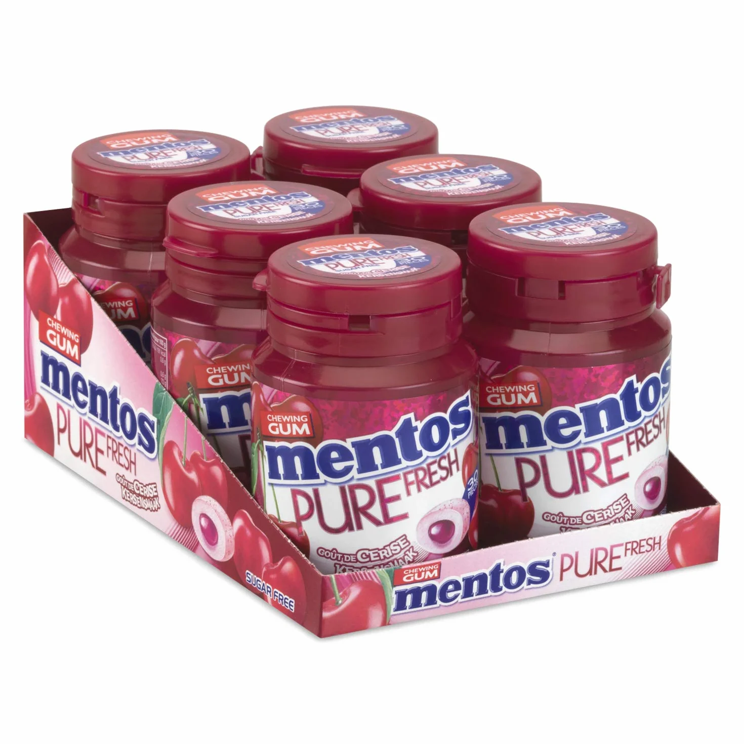 Mentos Gum Pure Fresh Cherry 6 x 30 pezzi – suikervrije kauwgom Verpakking van 6 potjes met 30 kauwgoms, kersensmaak groene thee extract 360.00 g
