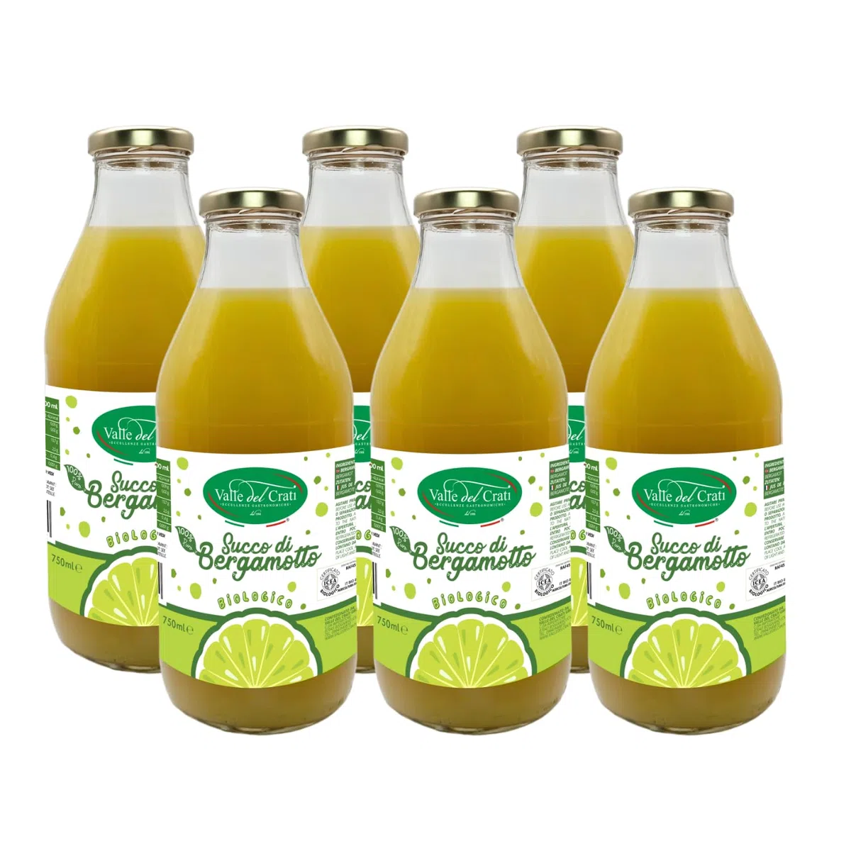 Valle del Crati Succo di Bergamotto BIO Calabrese 100% Puro 750ml, Bevanda Fresca e Dissetante senza Zuccheri Aggiunti e Senza Conservanti, Spremuta di Bergamotto Biologico (6 bottiglie da 750 ml)