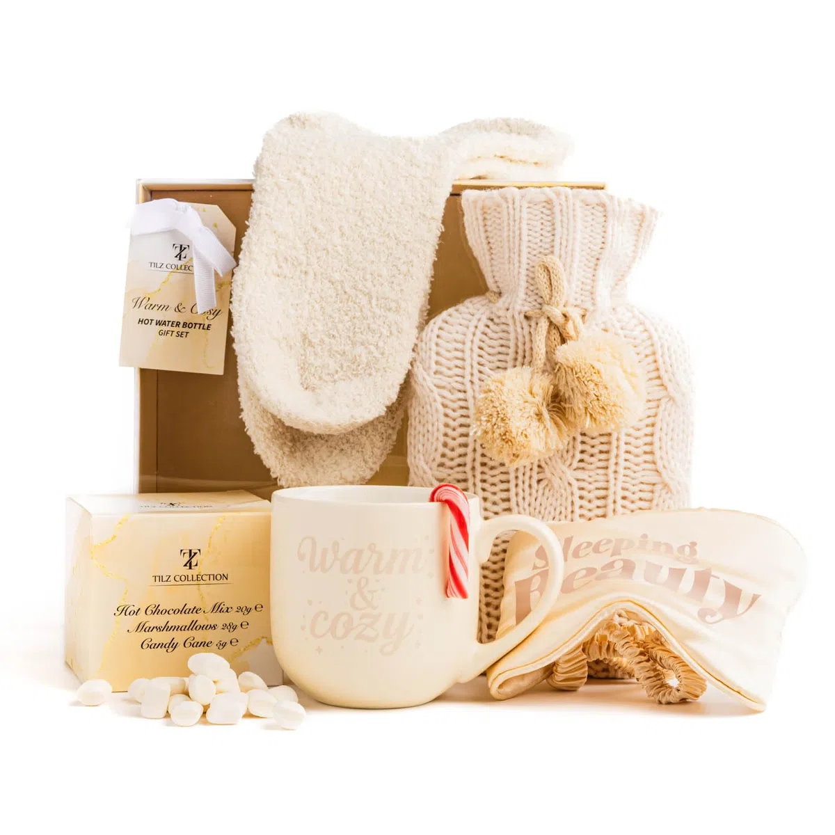 Set regalo di cioccolata calda con tazza Marshmallows e mini borsa dell'acqua calda invernale, set regalo con fodera per bottiglia dell'acqua calda, per donne, uomini, adulti