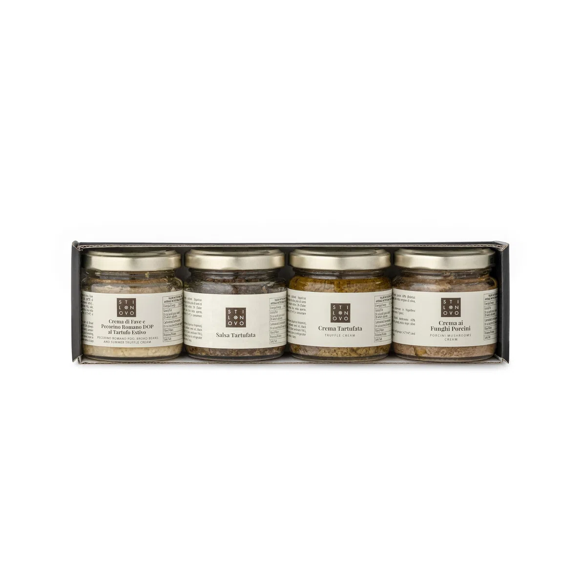Set degustazione Re del Bosco composta da: Salsa tartufata - Crema di Fave e Pecorino al Tartufo - Crema tartufata - Crema ai Funghi Porcini