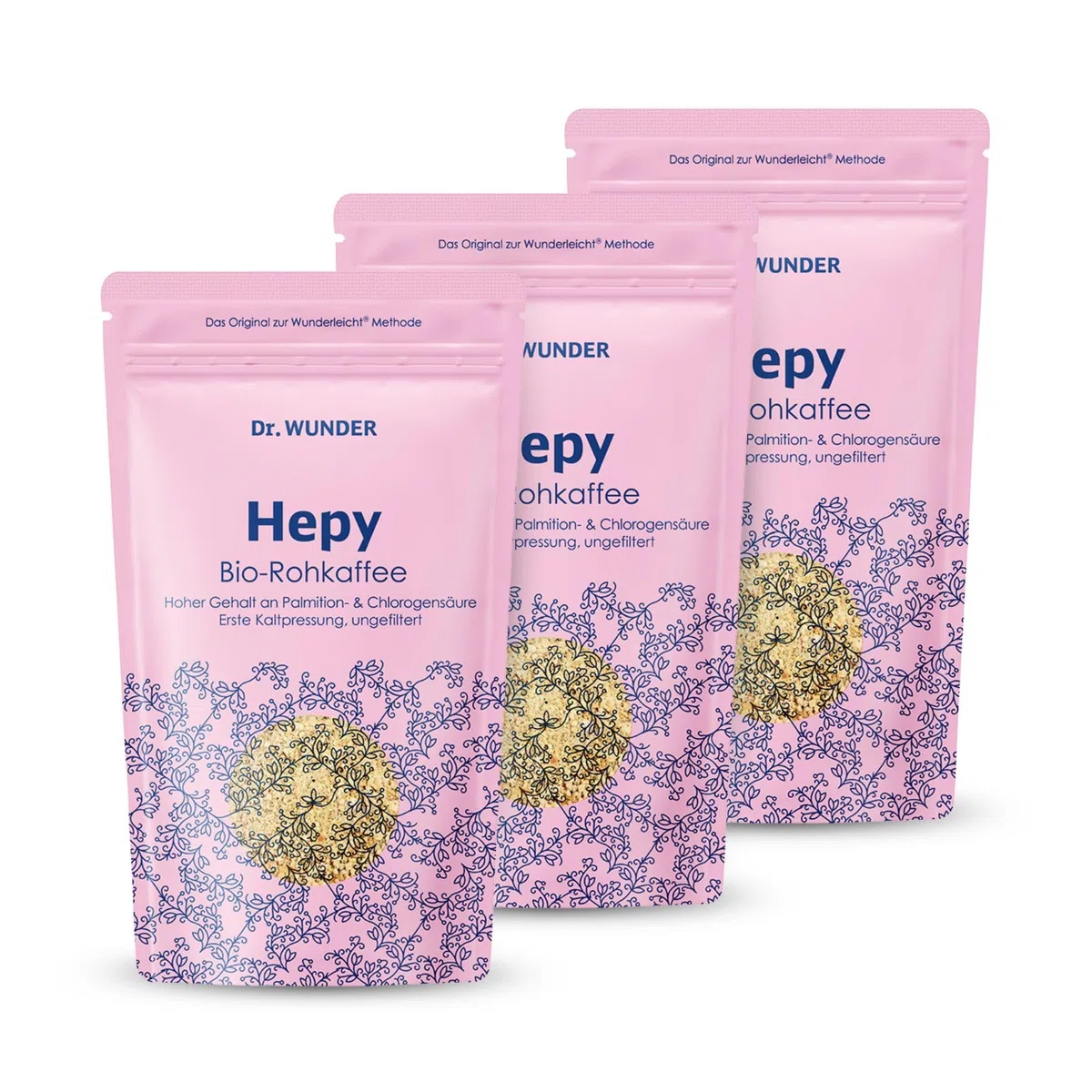 Dr. Wunder® HEPY coffee 3-pack 3x250g: caffè speciale verde/oro | contenuto particolarmente alto di caffeina e acido palmitico | adatto al clistere di caffè