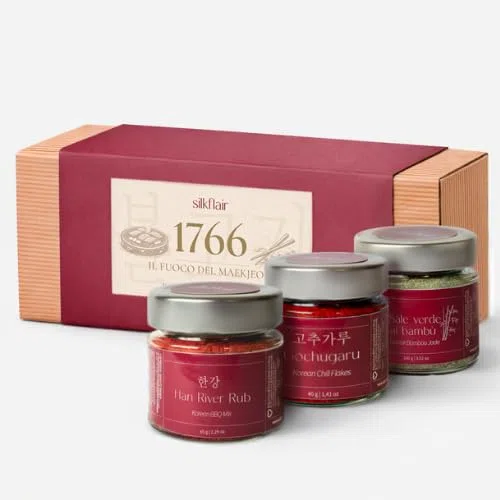 Silkflair 1766 Korean BBQ Experience | Cofanetto spezie coreane: Han River Rub (rub per barbecue), Gochugaru e Sale al Bambù | Ricette per bulgogi, kimchi e altre preparazioni | Box idea regalo
