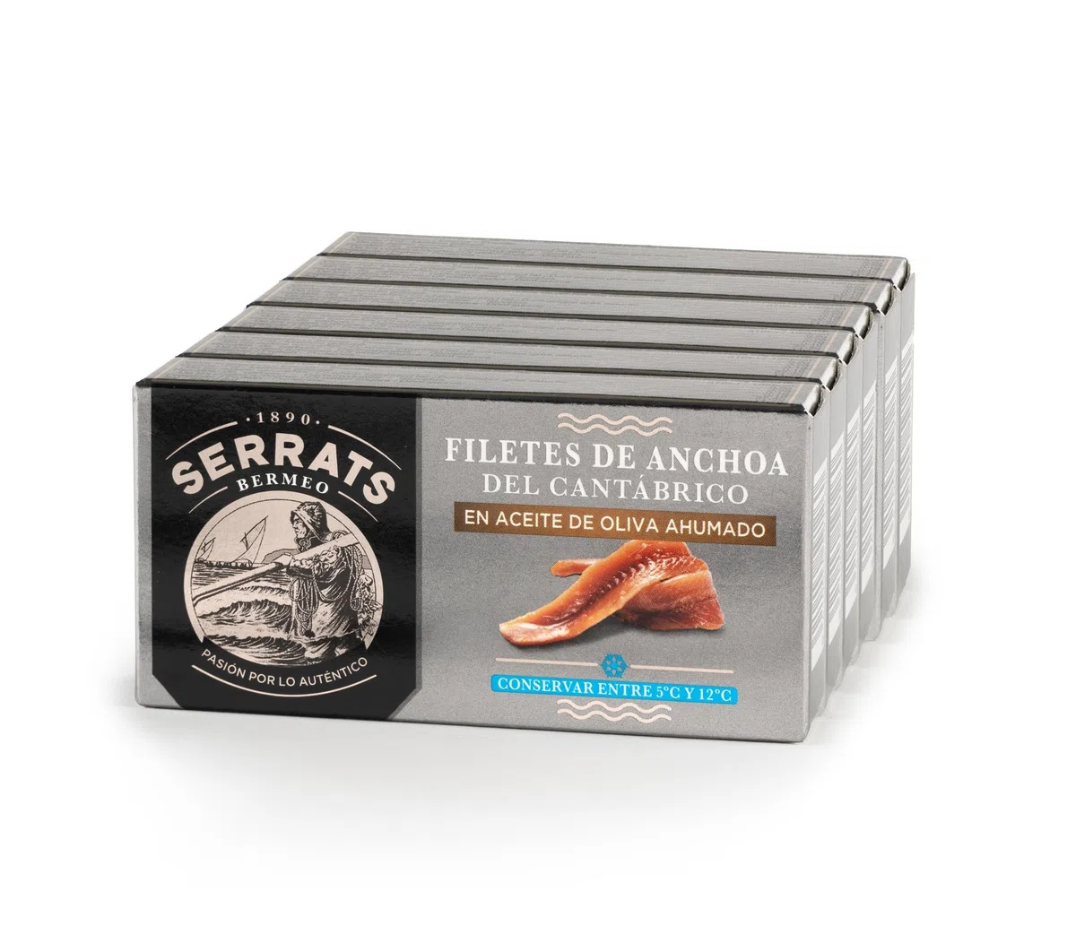 CONSERVAS SERRATS - Acciughe del Cantabrico in Olio d'Oliva Affumicato - 6 Lattine x 50g (Totale: 300g) - Lavorazione Artigianale, 100% Naturale, Senza Spine, Gourmet, Alto contenuto di Omega 3