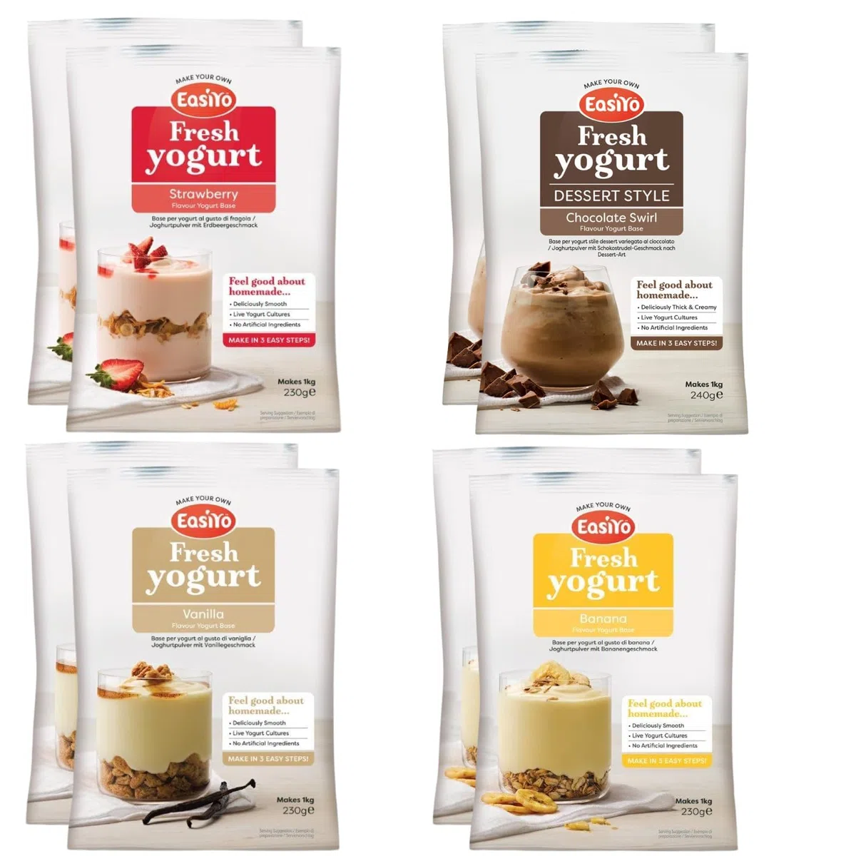 EasiYo Yogurt 8 Buste | Confezione Mista 4 Gusti | 2 x Chocolate Swirl, 2 x Banana, 2 x Fragola, 2 x Vaniglia | Ogni Busta Produce 1kg di Yogurt Fatto in Casa