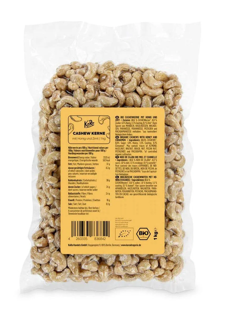 KoRo - Anacardi con miele e cannella bio 1 kg - croccanti - alternativa agli snack convenzionali - aromatizzati