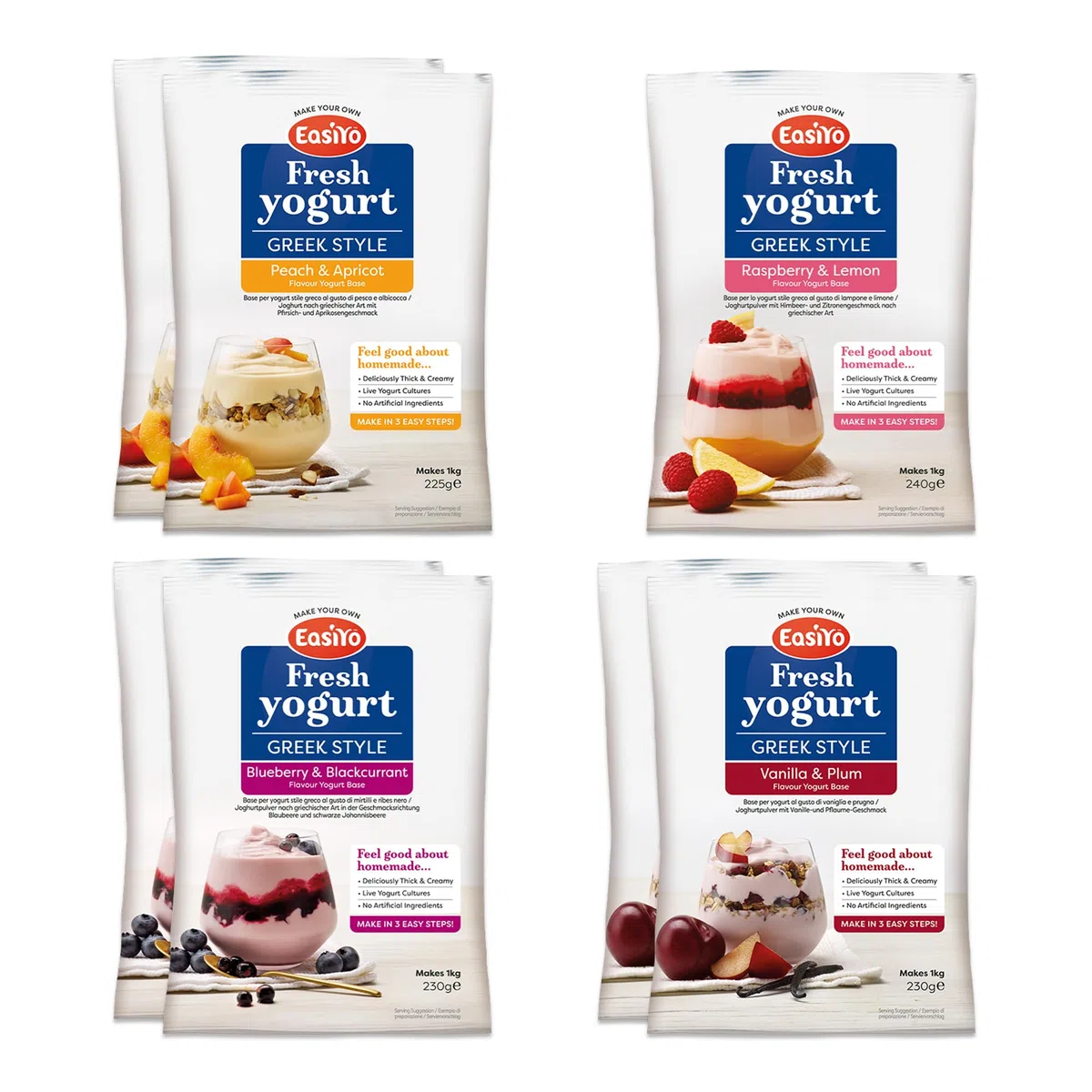 EasiYo Yogurt Greco Confezione Mista da 7 Bustine | 2 x Mirtillo & Ribes Nero, 2 x Pesca & Albicocca, 2 x Vaniglia & Prugna, 1 x Lampone & Limone | Ogni Bustina Prepara 1KG di Yogurt