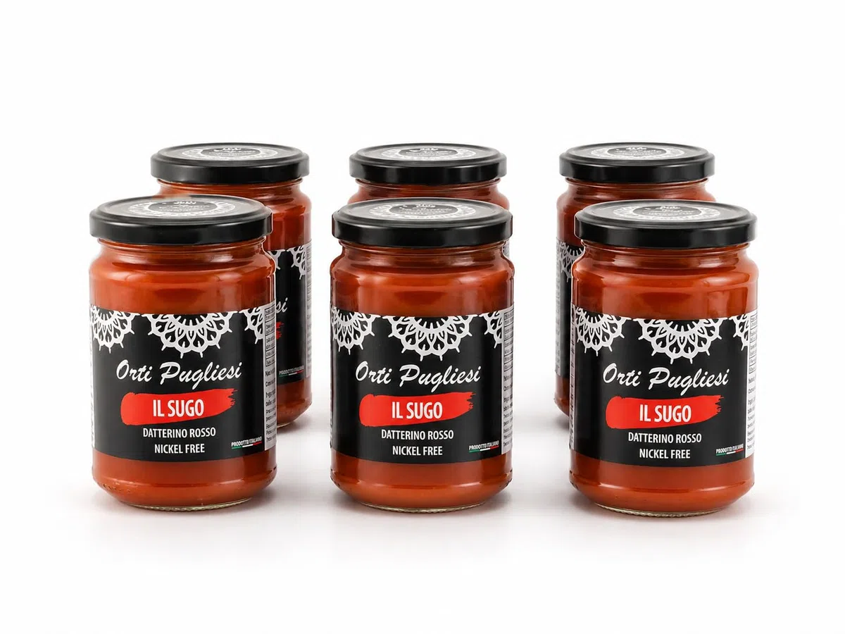 Orti Pugliesi Sugo Pronto di Pomodoro Datterino Rosso Nickel Free – 100% Italiano, Senza Conservanti, Pronto all'Uso – Confezione 6x280g