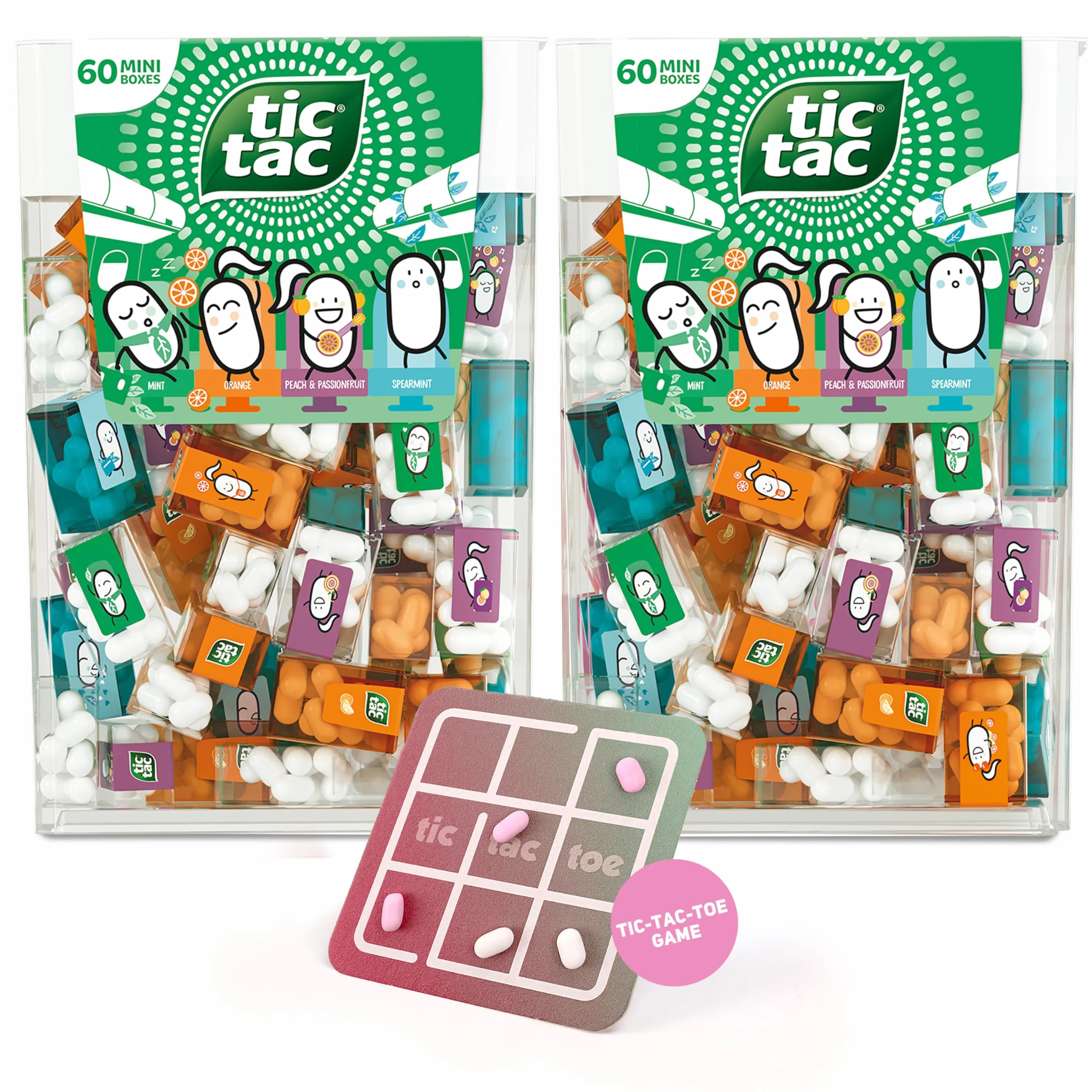 Tic Tac Travels Confezione Doppia Travel Mix – 60 Mini Box per Pack (4 Gusti) + Gioco Tris – 120 Caramelle Mini per Scuola, Ufficio, Eventi, Regali & Bomboniere
