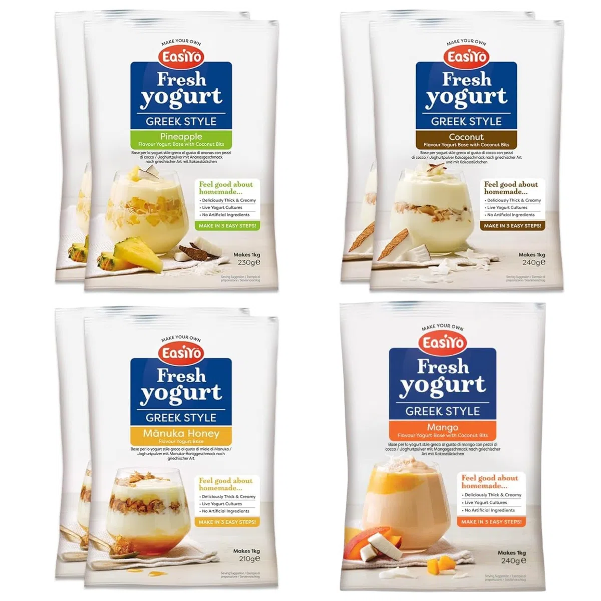 EasiYo Yogurt Greco Confezione da 7 Bustine | 2 x G/S Cocco con Pezzetti, 2 x G/S Ananas e Cocco con Pezzetti, 2 x G/S Miele di Manuka, 1 x G/S Mango e Cocco con Pezzetti | Ogni Bustina Prepara 1KG di