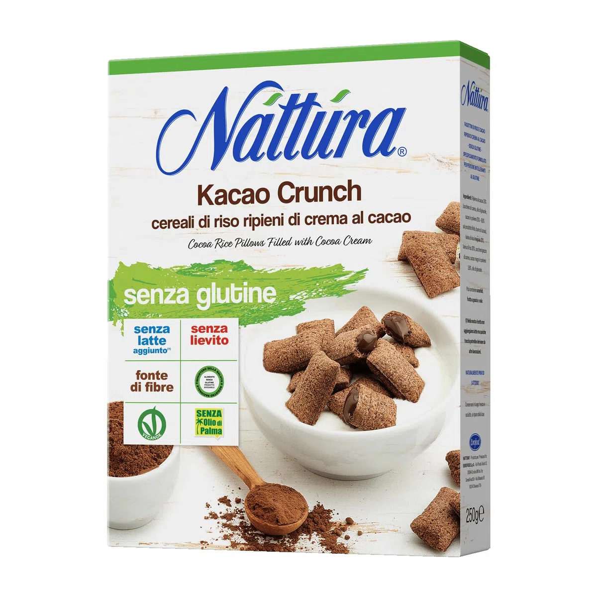 NATTURA Kacao Crunch, Fagottini Ripieni di Crema al Cacao a Base di Farina di Riso Integrale, Cereali Senza Glutine, Senza Latte e Senza Lievito, Fonte di Fibre, Vegan, Senza Olio di Palma, 250 gr