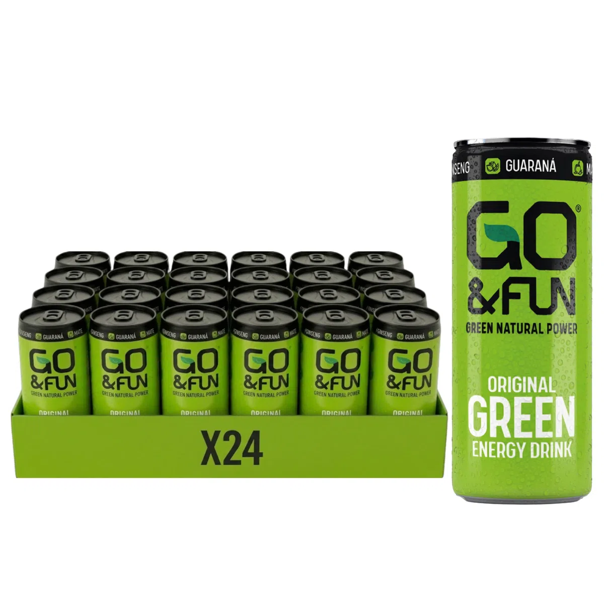 Go&Fun Green Energy Drink Original – 24 Lattine da 250 ml – Con Guaranà, Ginseng, Tè Verde e Maté – Senza Taurina, Glutine e Conservanti