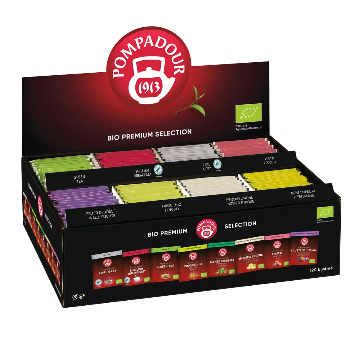 Pompadour, Bio Premium Selection Box, Cofanetto di Tè e Infusi Biologici Assortiti, 120 Filtri (8 Miscele Assortite da 15 Filtri), Selezione Pregiata di Tè e Infusi Senza Lattosio, Glutine e Allergeni
