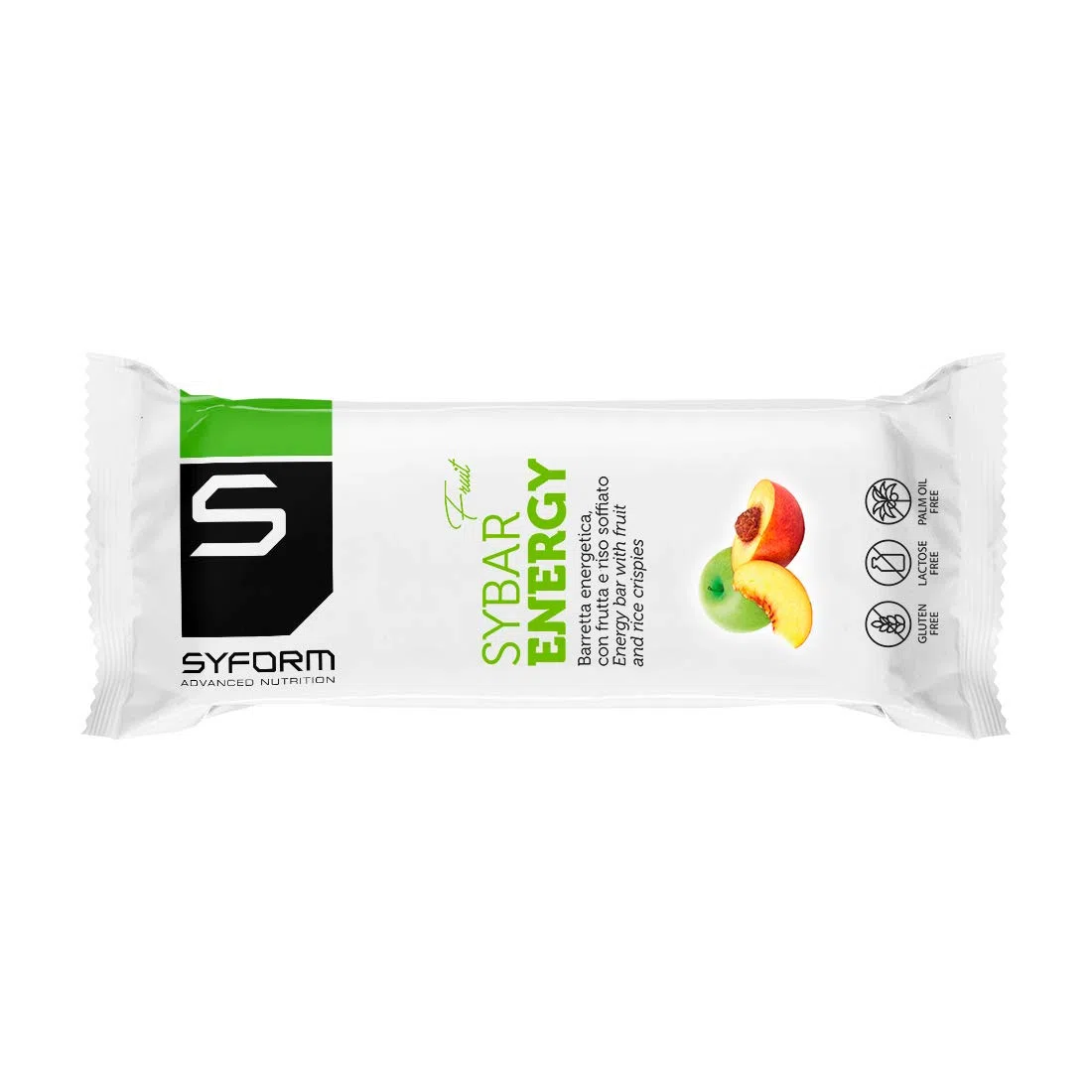 SYFORM SYBAR ENERGY BARRETTA ENERGETICA a base di frutta secca, frutta e riso soffiato 20 barrette energetiche Gluten free, lactose free, palm oil free Snack per sport e palestra (MELA-PESCA)
