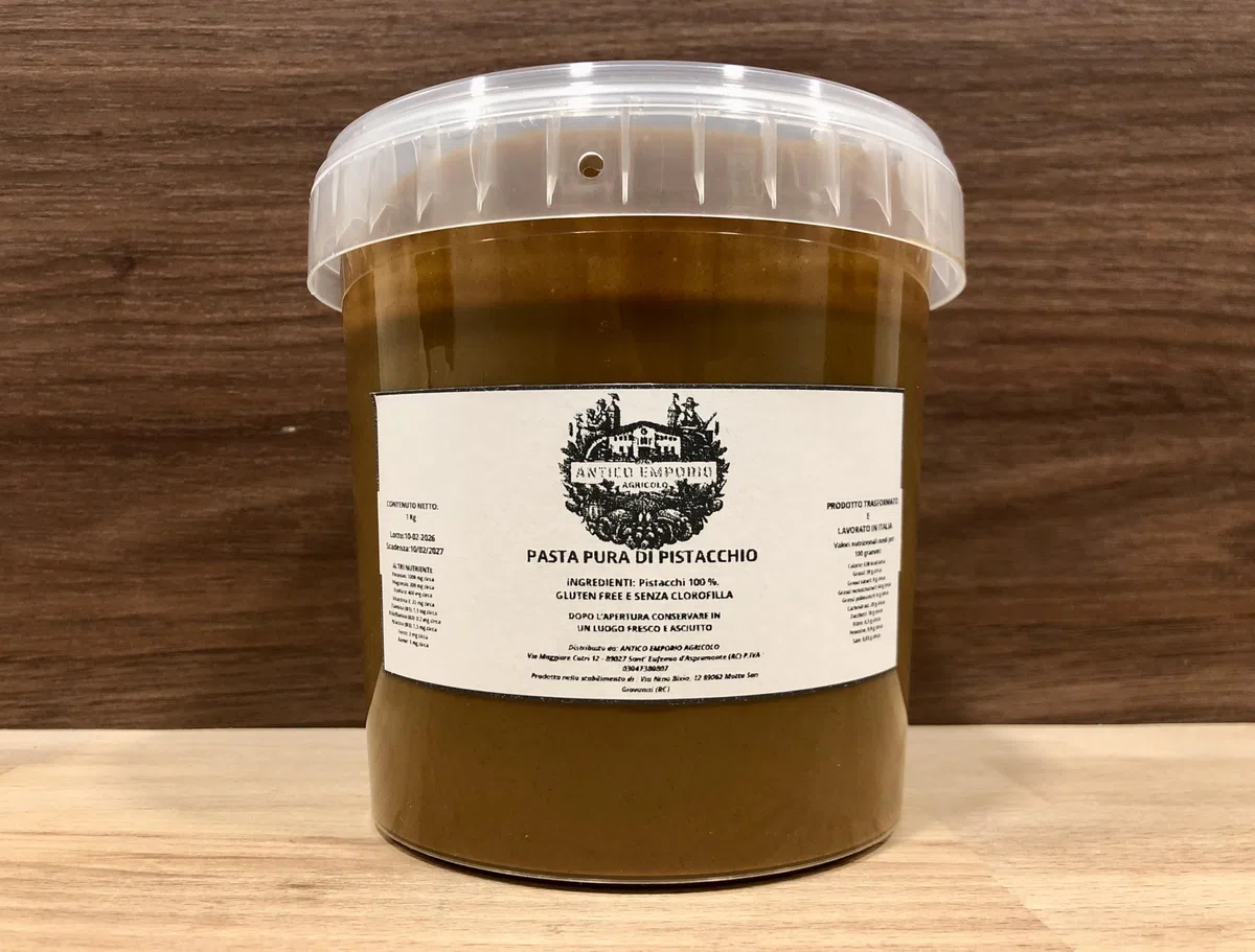 Pasta Pura di Pistacchio al 100% da 1 Kg - GLUTEN_FREE - 1 Solo Ingrediente - Trasformata in Italia - Per Gelati, Dolci e altre ricette - Ideale per Bar, Ristoranti e Pasticcerie