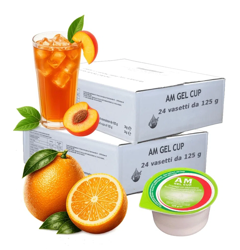 AM Gel Cup Acquagel, Acqua Gelificata, Arancia con Edulcorante 24 Vasetti da 125g + The Pesca Senza Zucchero 24 Vasetti da 125g, Totale 48