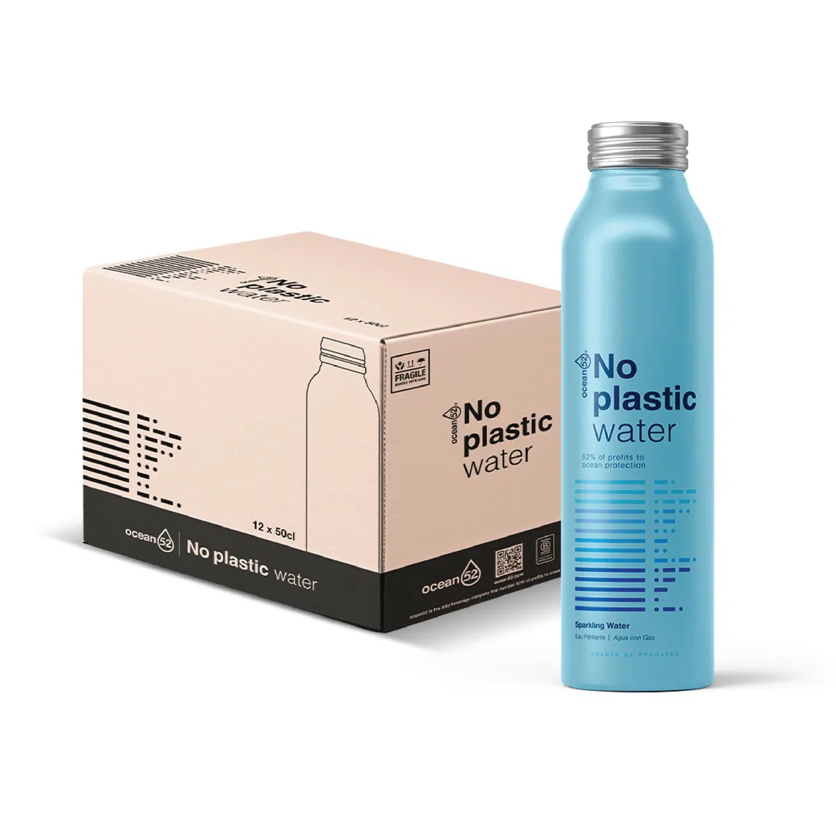 Acqua frizzante in bottiglia "No Plastic Water" di Ocean52. Acqua minerale frizzante - Confezione da 12 bottiglie da 50 cl. Acquas frizzantes in confezione da 12 bottiglie riutilizzabili da 50 cl.