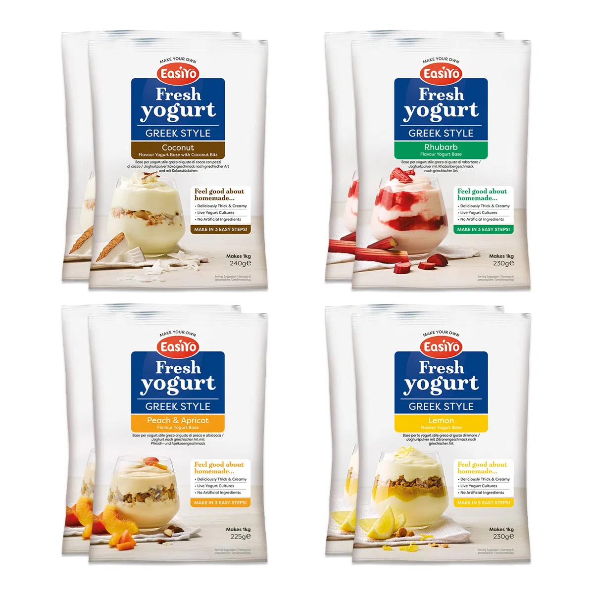 EasiYo Yogurt Greco Confezione Mista da 8 Bustine | 2 x G/S Cocco, 2 x G/S Rabarbaro, 2 x G/S Pesca & Albicocca, 2 x G/S Limone | Ogni Bustina Prepara 1KG di Yogurt