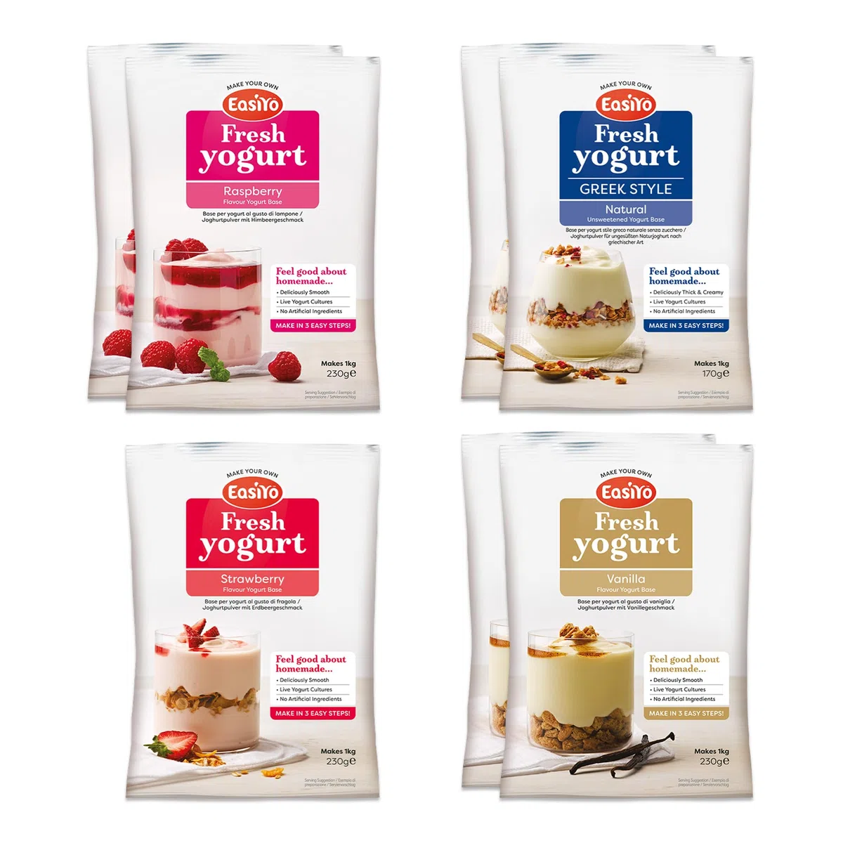 EasiYo Yogurt Confezione Mista da 7 Bustine | 2 x Vaniglia, 2 x G/S Naturale, 2 x Lampone, 1 x Fragola | Ogni Bustina Prepara 1KG di Yogurt
