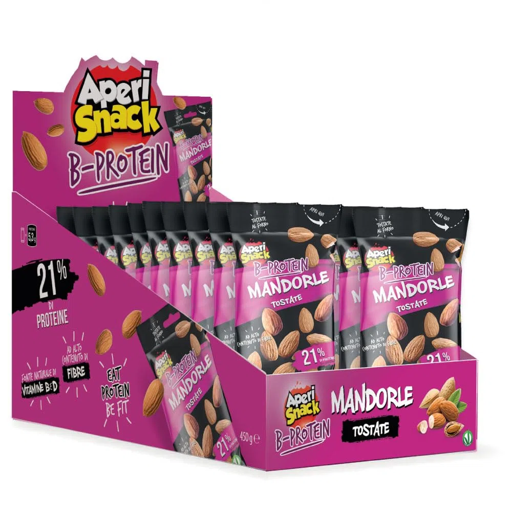 Aperisnack B-Protein - APS04.002 - Astuccio 18 Snack Monodose – Mandorle Tostate, senza sale – Frutta secca 100% Naturale – 18 monoporzioni x 25 g – casa e rivendita