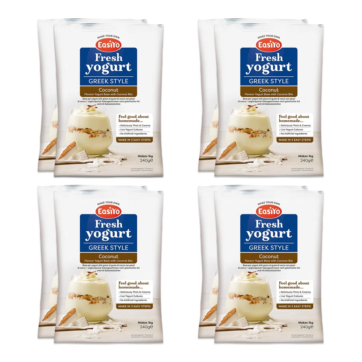 EasiYo Yogurt Greco al Cocco con Pezzetti di Cocco – Confezione da 8 Bustine | Ogni Bustina Prepara 1KG di Yogurt