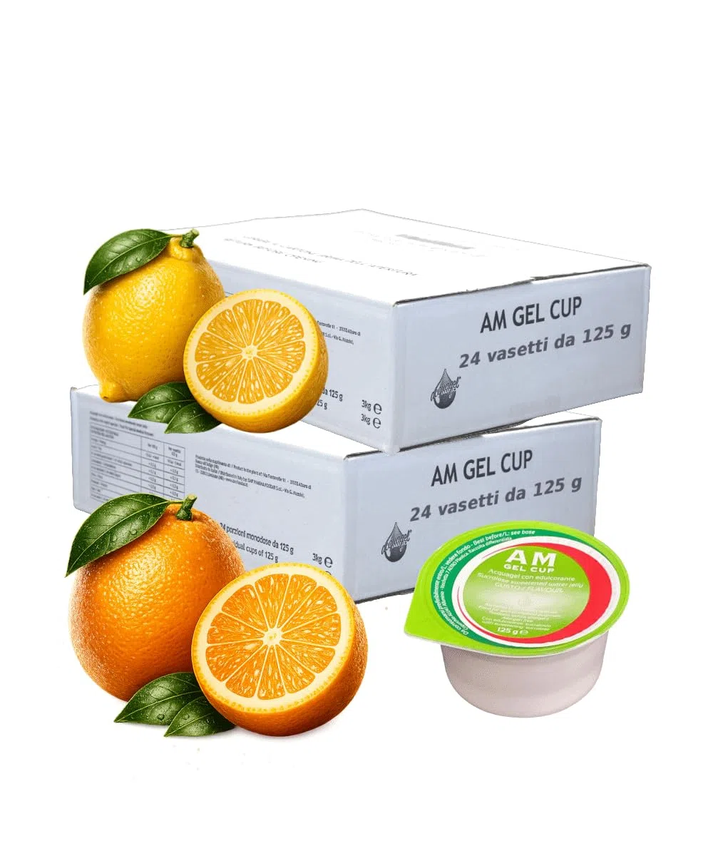 AM Gel Cup Acquagel, Acqua Gelificata, Arancia con Edulcorante 24 Vasetti da 125g + Limone Con Edulcorante 24 Vasetti da 125g, Totale 48