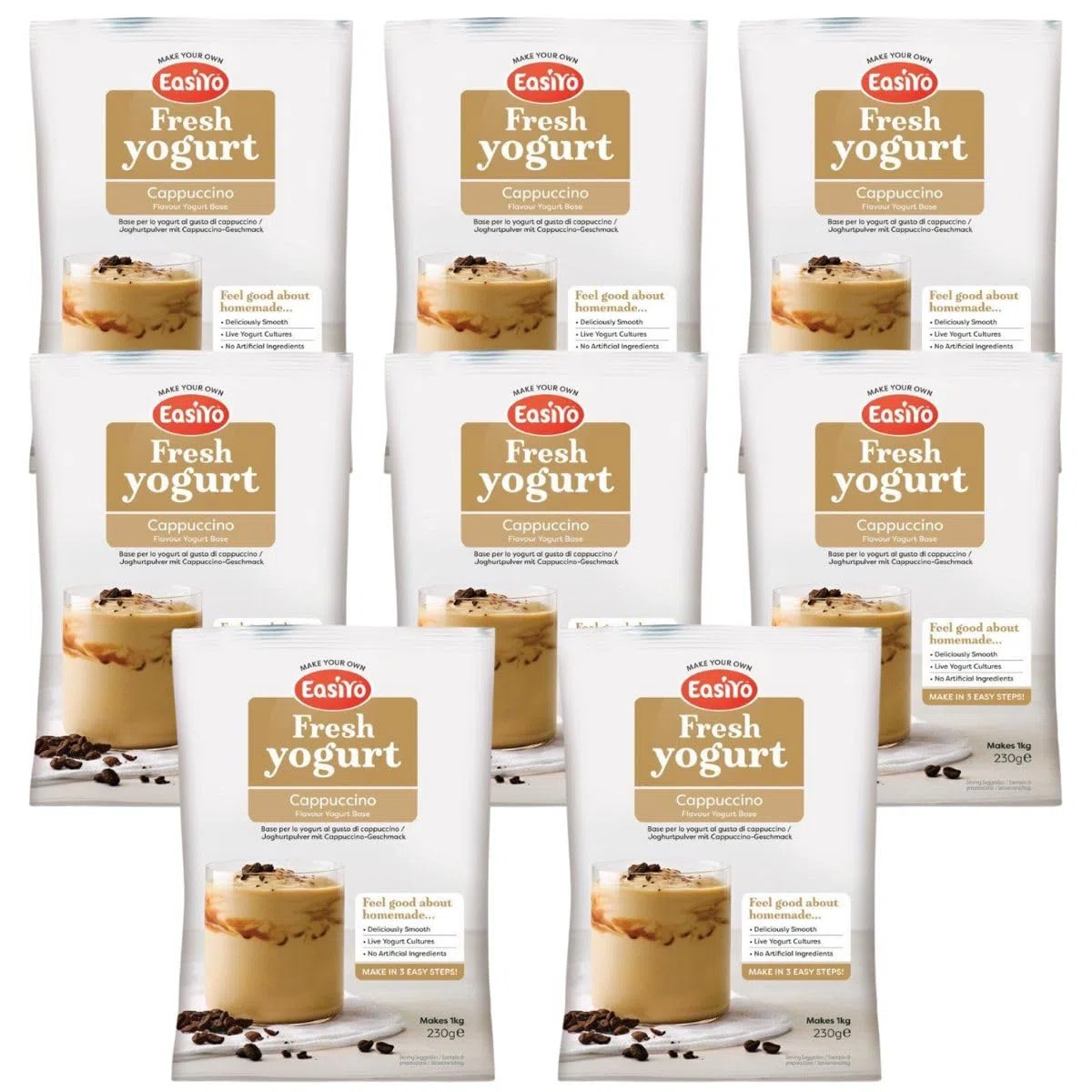 EasiYo Yogurt al Cappuccino – Confezione da 8 Bustine | Ogni Bustina Prepara 1KG di Yogurt