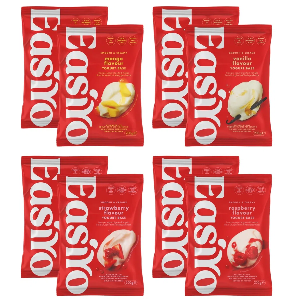 EasiYo Yogurt Confezione Mista da 8 Buste | 2x Fragola, 2x Lampone, 2x Mango, 2x Vaniglia | Ogni Busta Prepara 1kg | Yogurt Fatto in Casa | Senza Glutine e Vegetariano