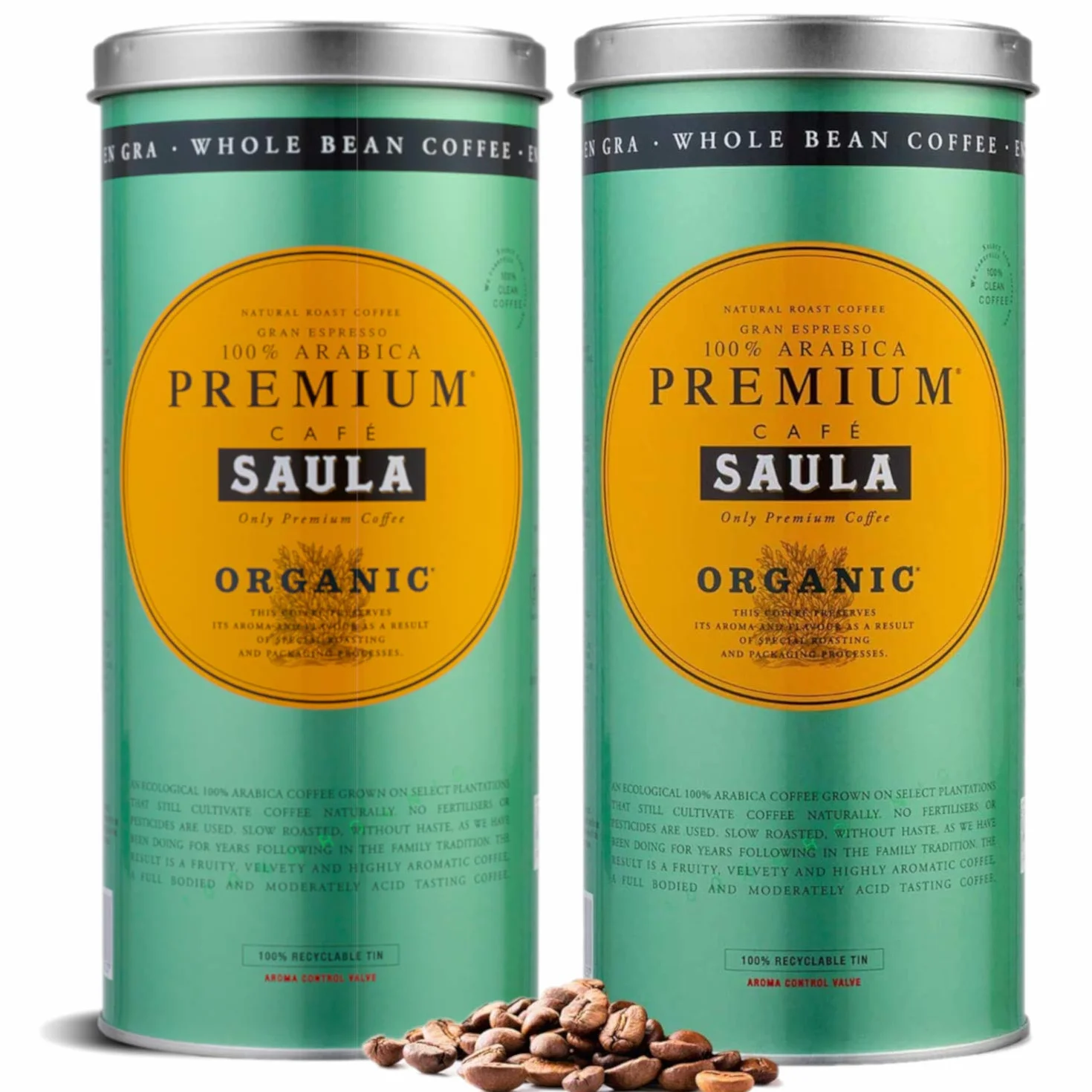 Saula Premium Caffè biologico in grani 100% arabica - Confezione 2 lattine da 500 gr
