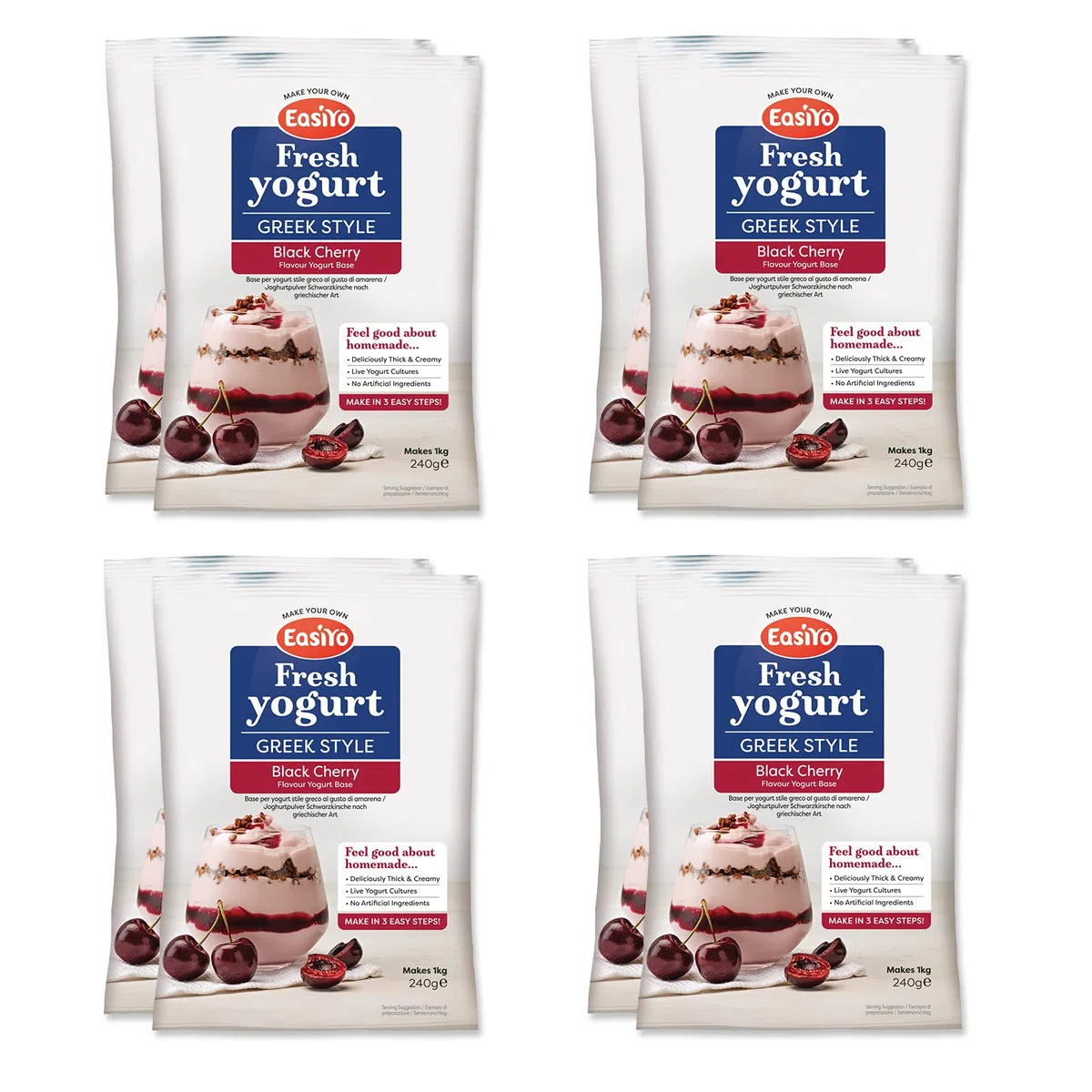 Confezione da 8 bustine di yogurt alla ciliegia nera in stile greco, ogni bustina fa 1 kg di yogurt