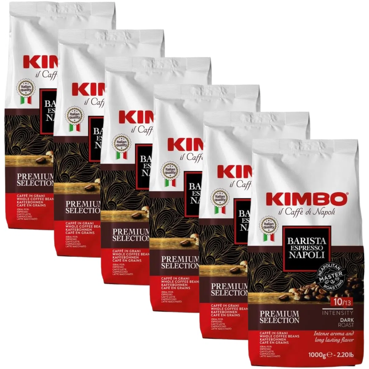 Kimbo Barista Espresso Napoli - 6 kg - Caffè in Grani - Intensità 10/13, Tostatura Scura, Aroma Intenso e Sapore Persistente - Chicchi Interi per Macchina Espresso e Automatica - 6 Confezioni da 1 kg