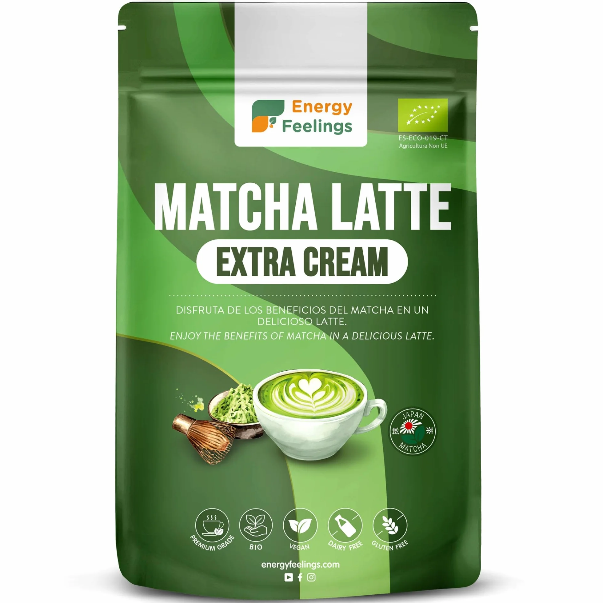 Energy Feelings Matcha Latte in Polvere Bio Extra Cream, Mix Bibita Vegetale con Tè Matcha Verde Biologico Premium Giapponese, Tè Solubile Istantaneo, Senza Glutine né Lattosio, 500g