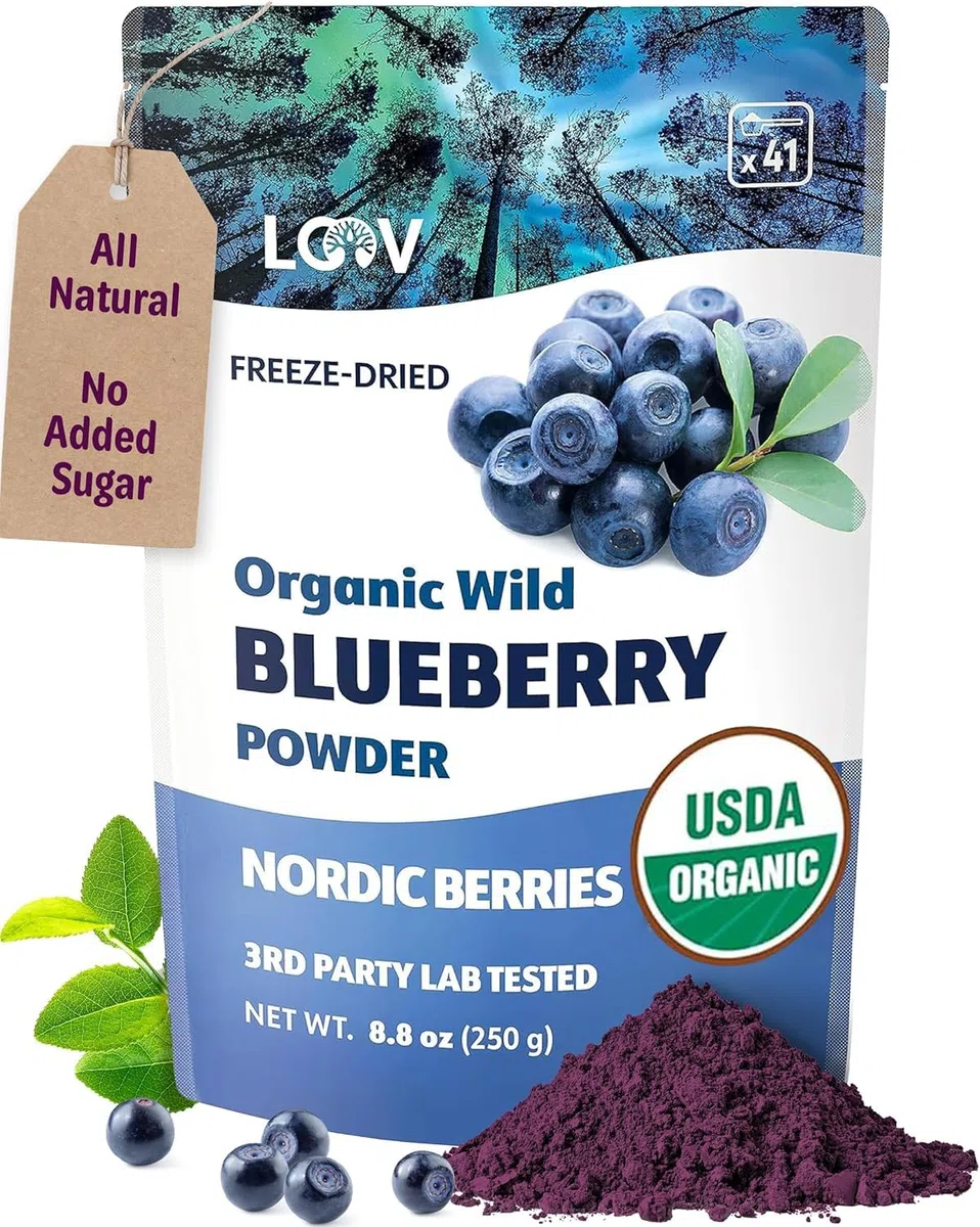LOOV Polvere di mirtillo selvatico biologico, raccolto nelle foreste nordiche, 100% frutto intero (mirtillo), liofilizzato e ridotto in polvere, senza zuccheri aggiunti, 250 g (52 giorni)