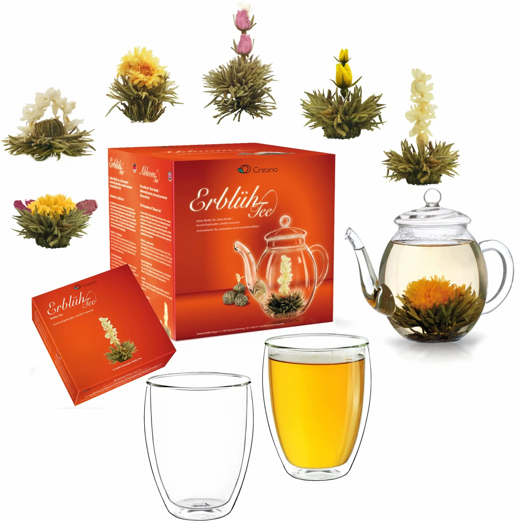 Fiori di tè - Set regalo 'Fiori di Tè' con teiera in vetro e 2 bicchieri termici da 250 ml - Tè bianco (in 6 varietà) 9 pezzi (confezione da 1)