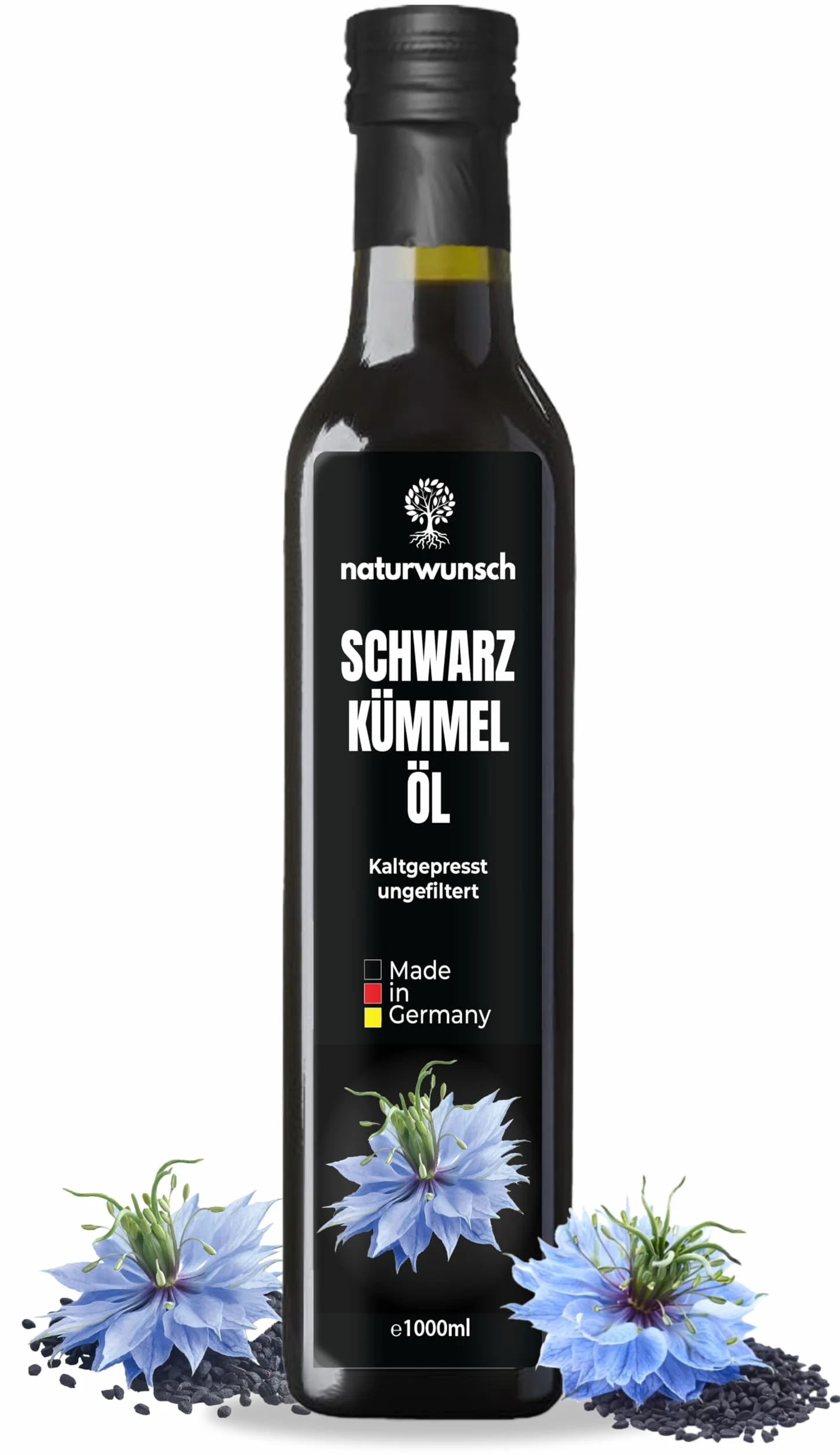 naturwunsch Olio di cumino nero, 1000 ml, non filtrato, spremuto a freddo, prodotto fresco in Germania, semi egiziani Nigella sativa