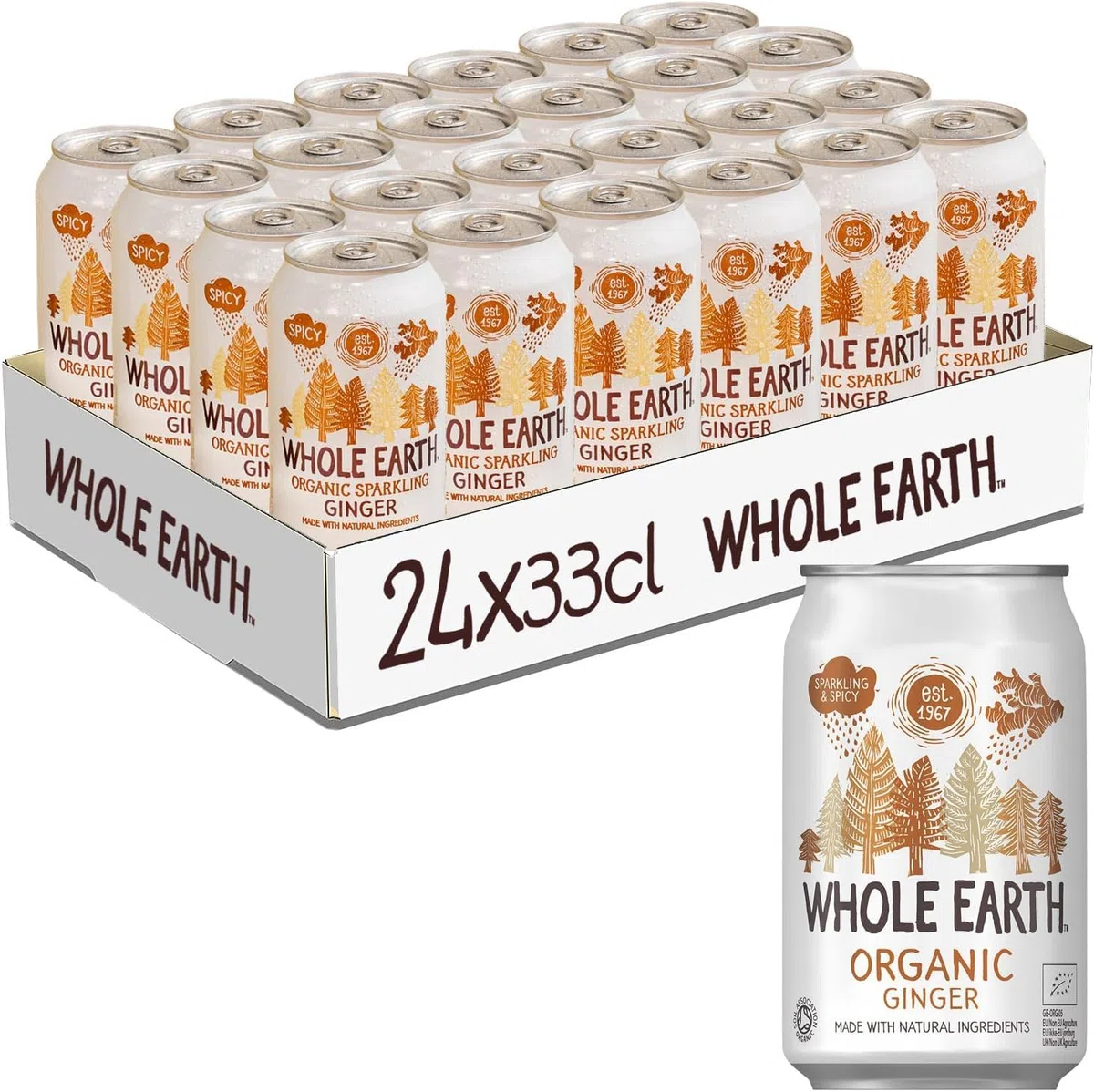 Whole Earth Bibita Frizzante Gassata al gusto Zenzero, Ingredienti Naturali e Biologici, Dolcificata solo Succhi di Frutta presenti nella Ricetta senza Zuccheri Aggiunti, 100% Riciclabile, 24x33cl