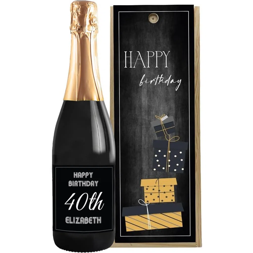 Regalo Personalizzato bottiglia di vino 0.75 lt. con cassetta in legno per compleanno | Idea regalo originale per Lui e Lei | Regalo Personalizzabile Compleanno Amico (Prosecco DOC, Glitter)