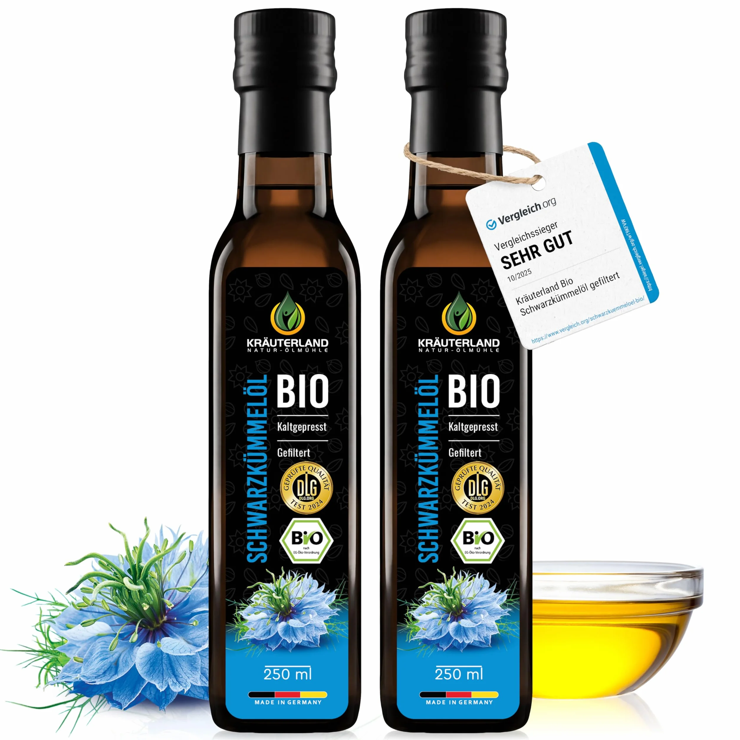 Kräuterland - olio di cumino nero biologico, filtrato 2x250ml - 100% puro, delicatamente spremuto a freddo, egiziano, vegano - garanzia di freschezza
